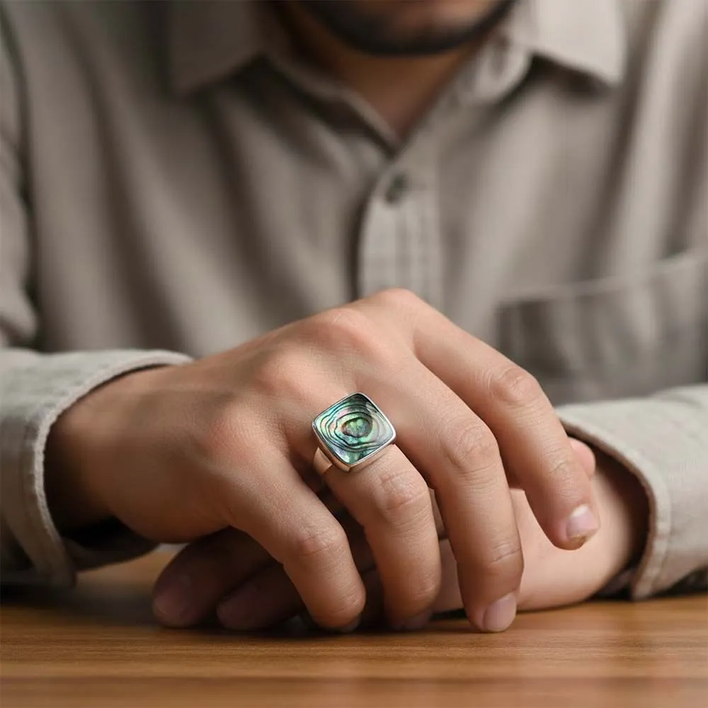 Male Model Wearing Square Stainless Steel Abalone Shell Ring for Small Batch Jewelry Factory