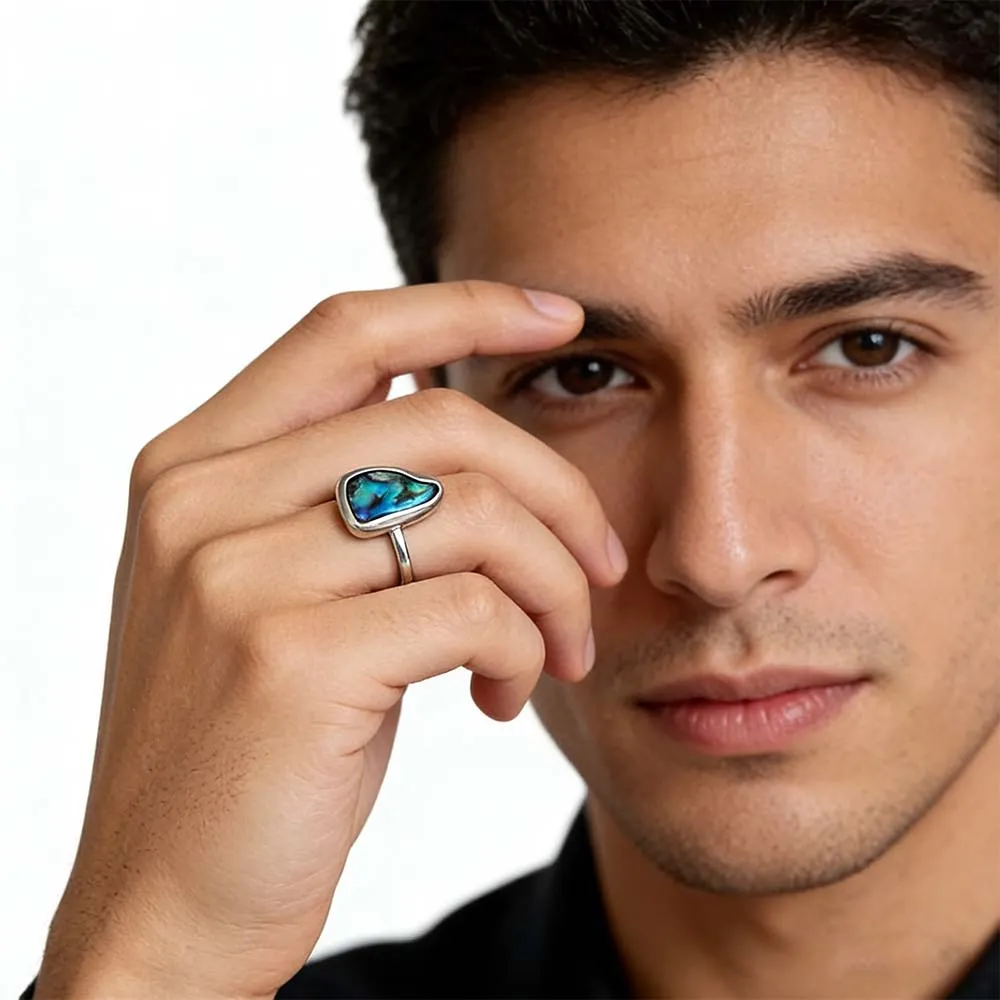 Male Model Wearing Unique Shaped Steel Abalone Shell Ring for Small Batch Jewelry Factory