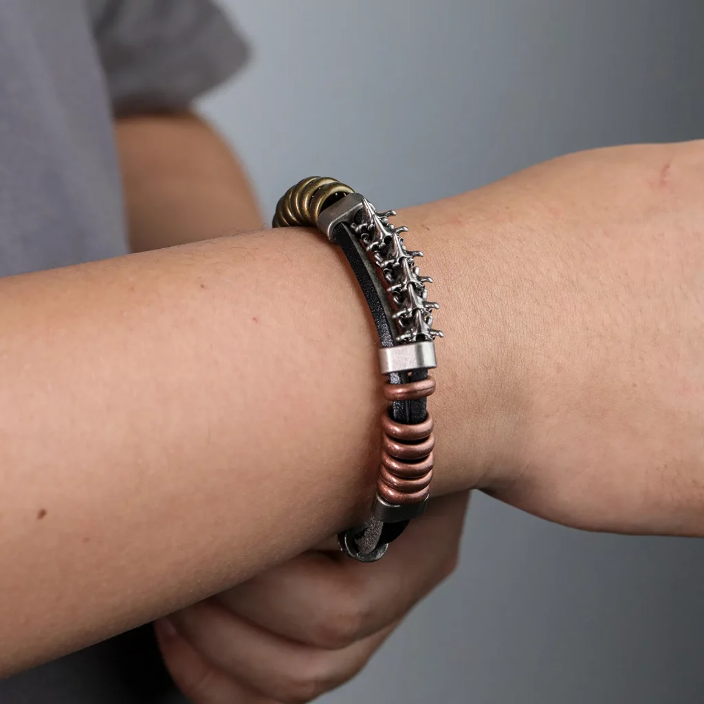 Male model wearing 316L stainless steel Random creases-asymmetrical construction style bracelet for Private Label