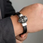 Male model wearing Stainless Steel leather bracelet for custom