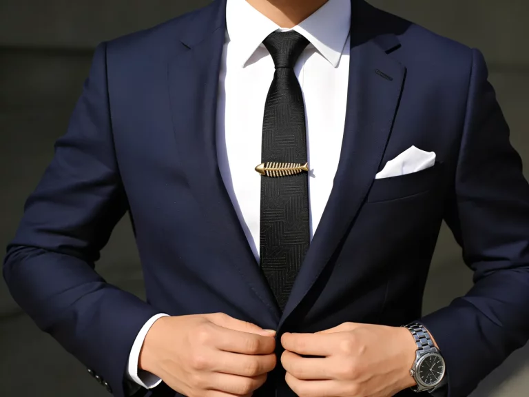 Male model wearing a brass gold-plated fish tie clip to showcase fit for major retailer