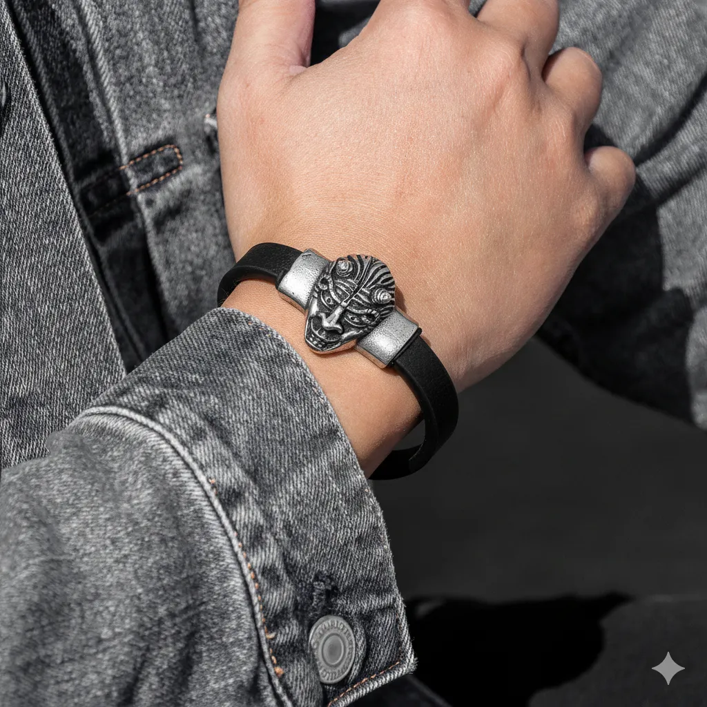 Male model wearing leather bracelet from jewelry factory