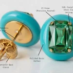 Close-up of Candy Color Resin Stud Earrings with a green CZ gem, polished resin, 316L stainless steel claw setting and post, and butterfly back clutch. Highlights the material composition and craftsmanship of each component—ideal for fashion brands.