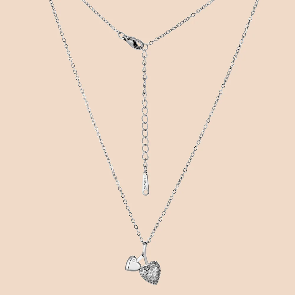 OEM 316L Stainless Steel Double Heart Necklace with Cubic Zircon for Women Factory