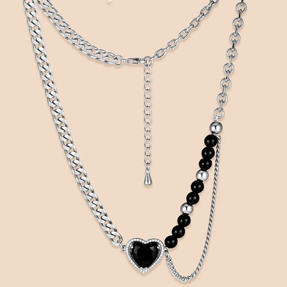 OEM Stainless Steel Asymmetrical Chain Cubic Zircon Heart Inside a Black Crystal Heart Pendant Necklace for Women Factory
