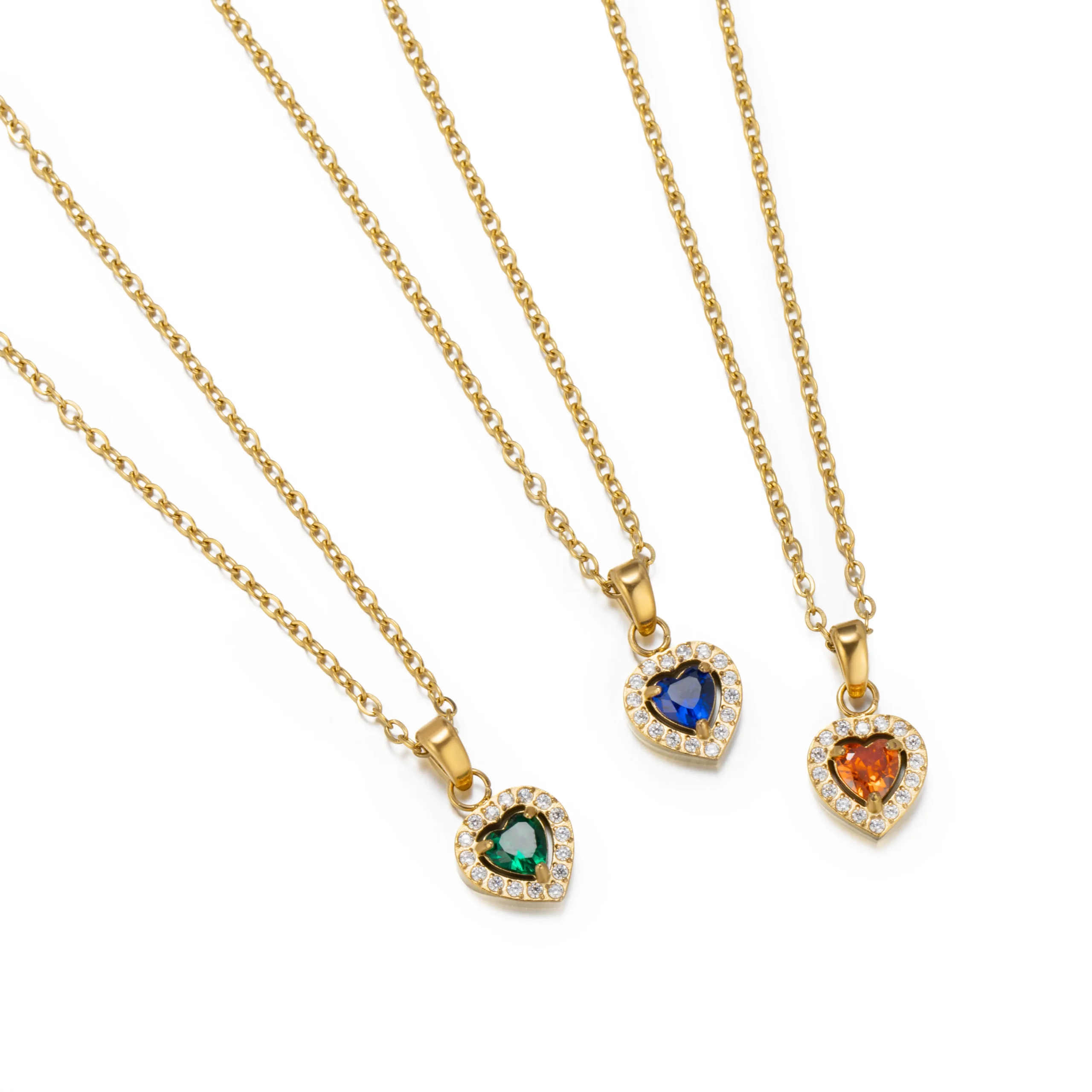 ODM Stainless Steel CZ Heart in Blue Green Orange Birthstone Heart Charm Necklace Manufactures