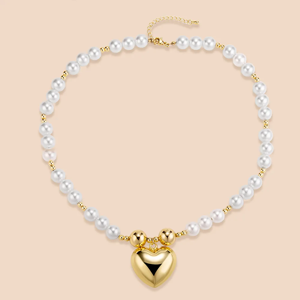 ODM Stainless Steel Imitation Pearl Chain Gold Heart Charm Necklace Direct Supplier