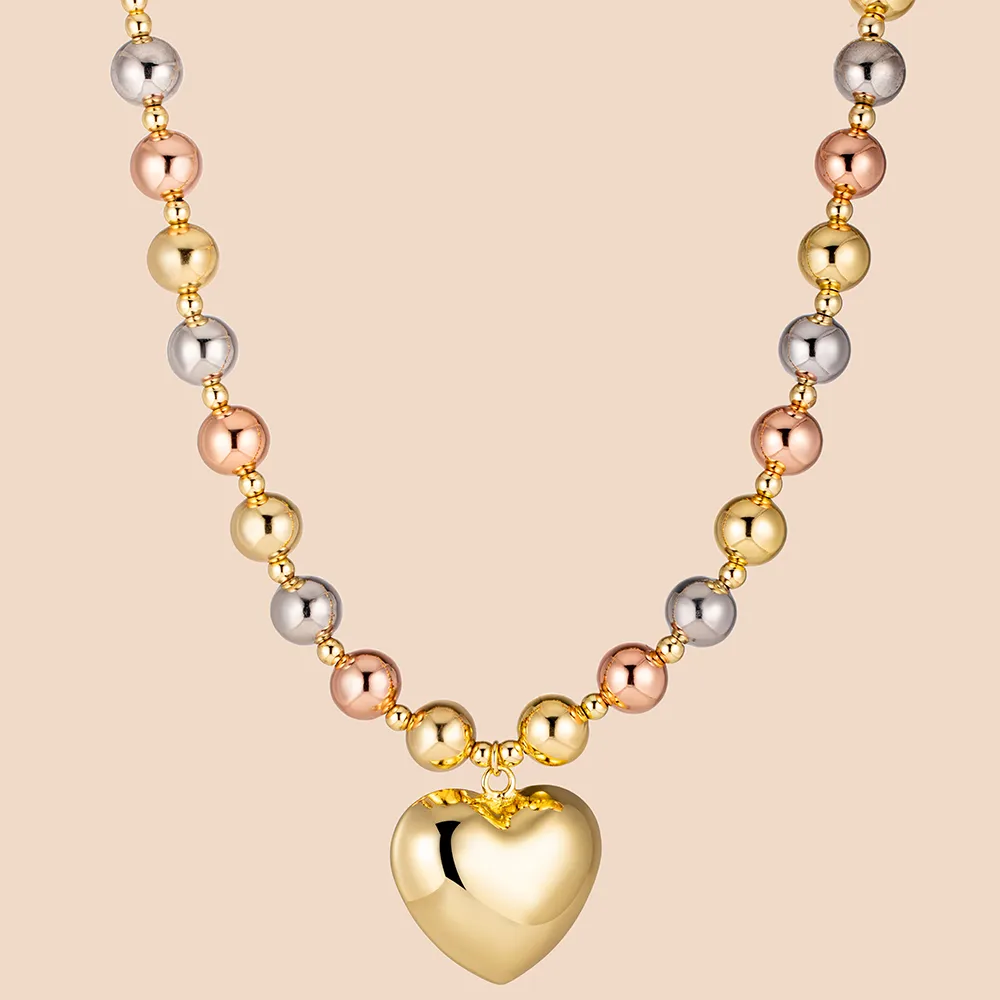 OEM Stainless Steel Rose Gold Silver Gold Bead Chain Puffy Heart Charm Necklace for Women Factory
