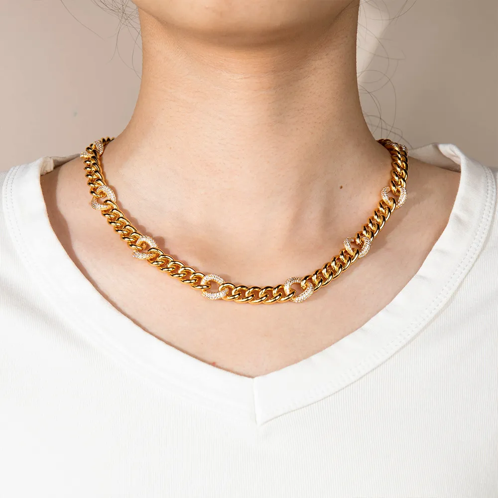 OEM gold stainless steel cuban chain necklace with diamonds for men manufacturing