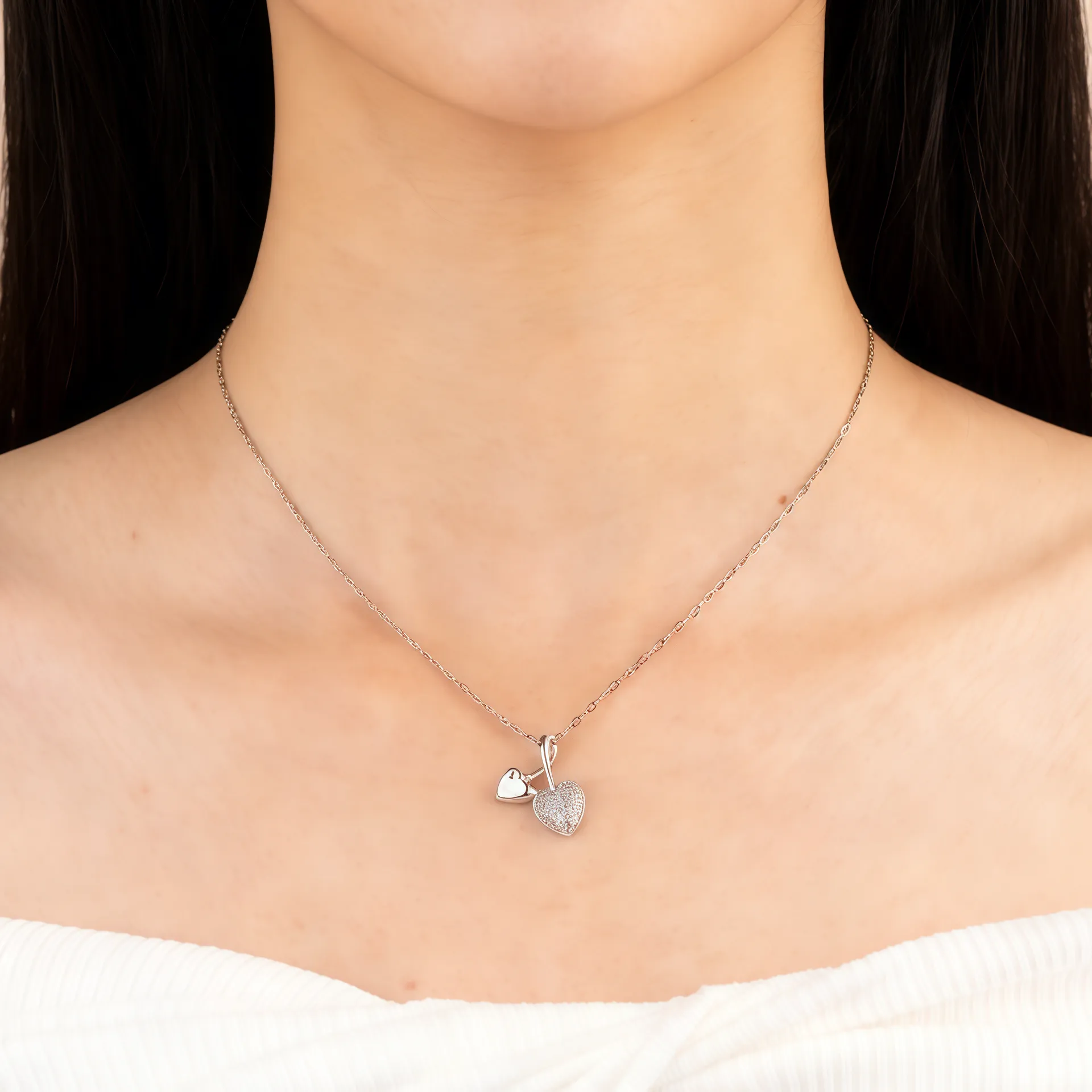 OEM 316L Stainless Steel Double Heart Necklace with Cubic Zircon for Women Factory