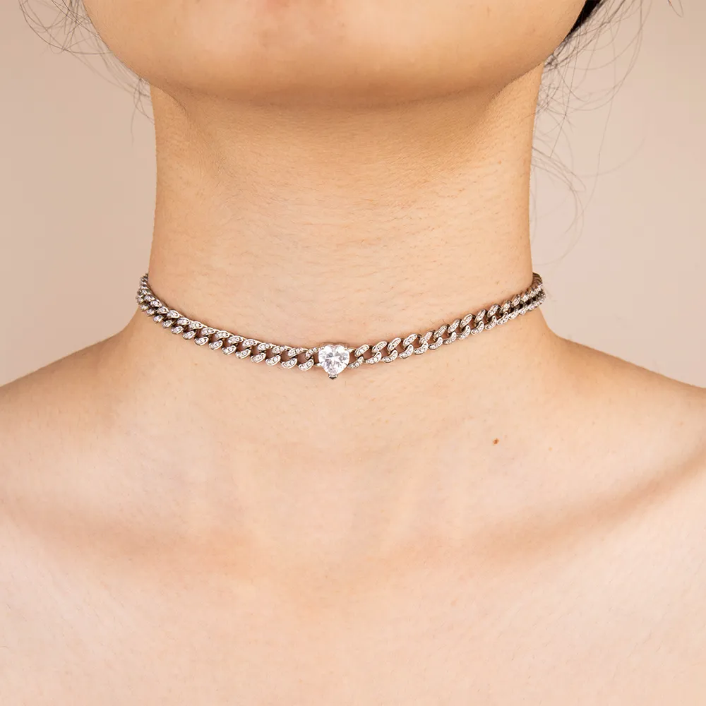 OEM 316L Stainless Steel Heart Choker Necklace with Cubic Zircon for Women Best Supplier