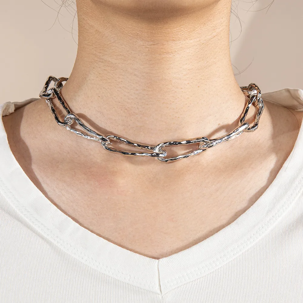 OEM stainless steel silver hammered block link chain necklace for women