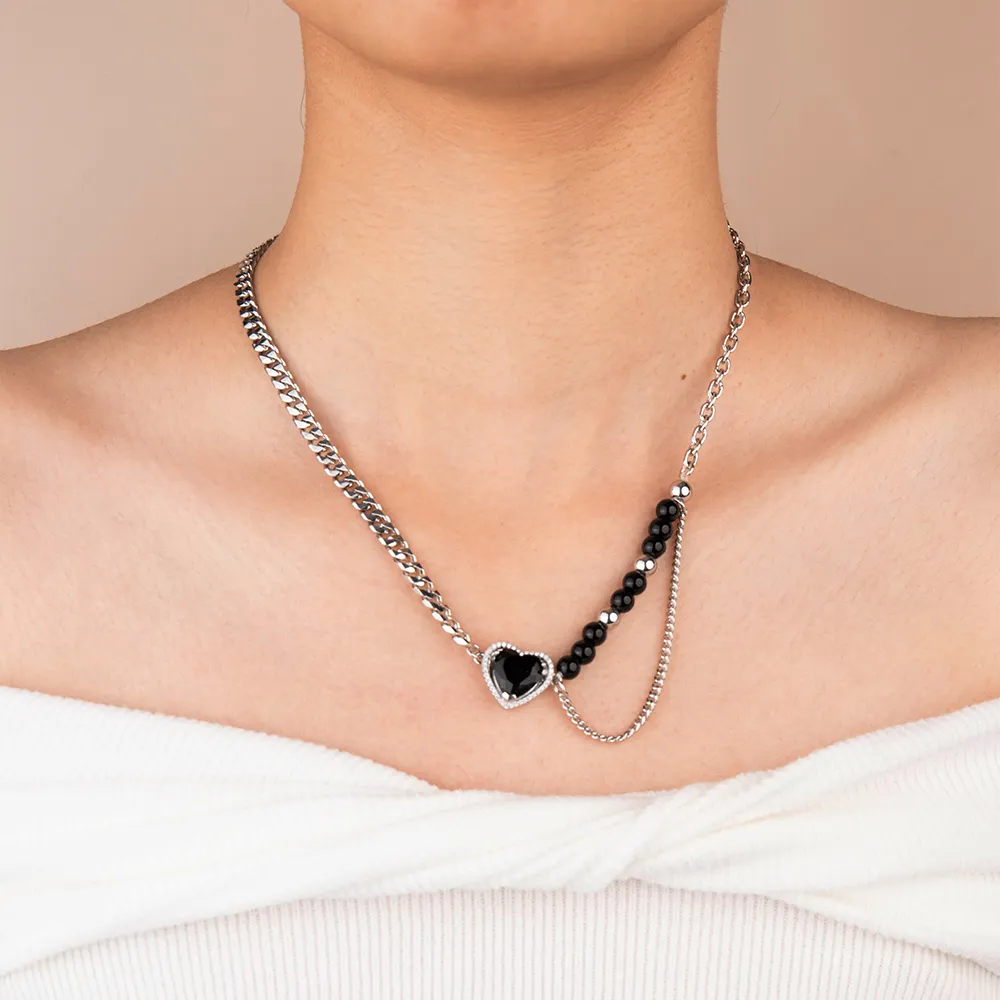 OEM Stainless Steel Asymmetrical Chain Cubic Zircon Heart Inside a Black Crystal Heart Pendant Necklace for Women Factory