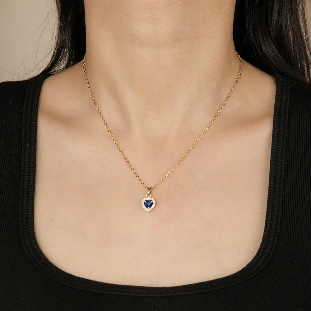 OEM Stainless Steel CZ Heart in Blue Birthstone Heart Charm Necklace for Women Factory