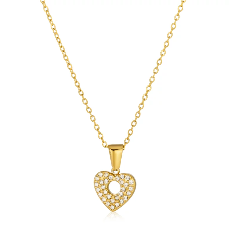 OEM Stainless Steel Gold Heart Pendant Necklace with Pave Setting Rhinestone Jewelry Factory Direct