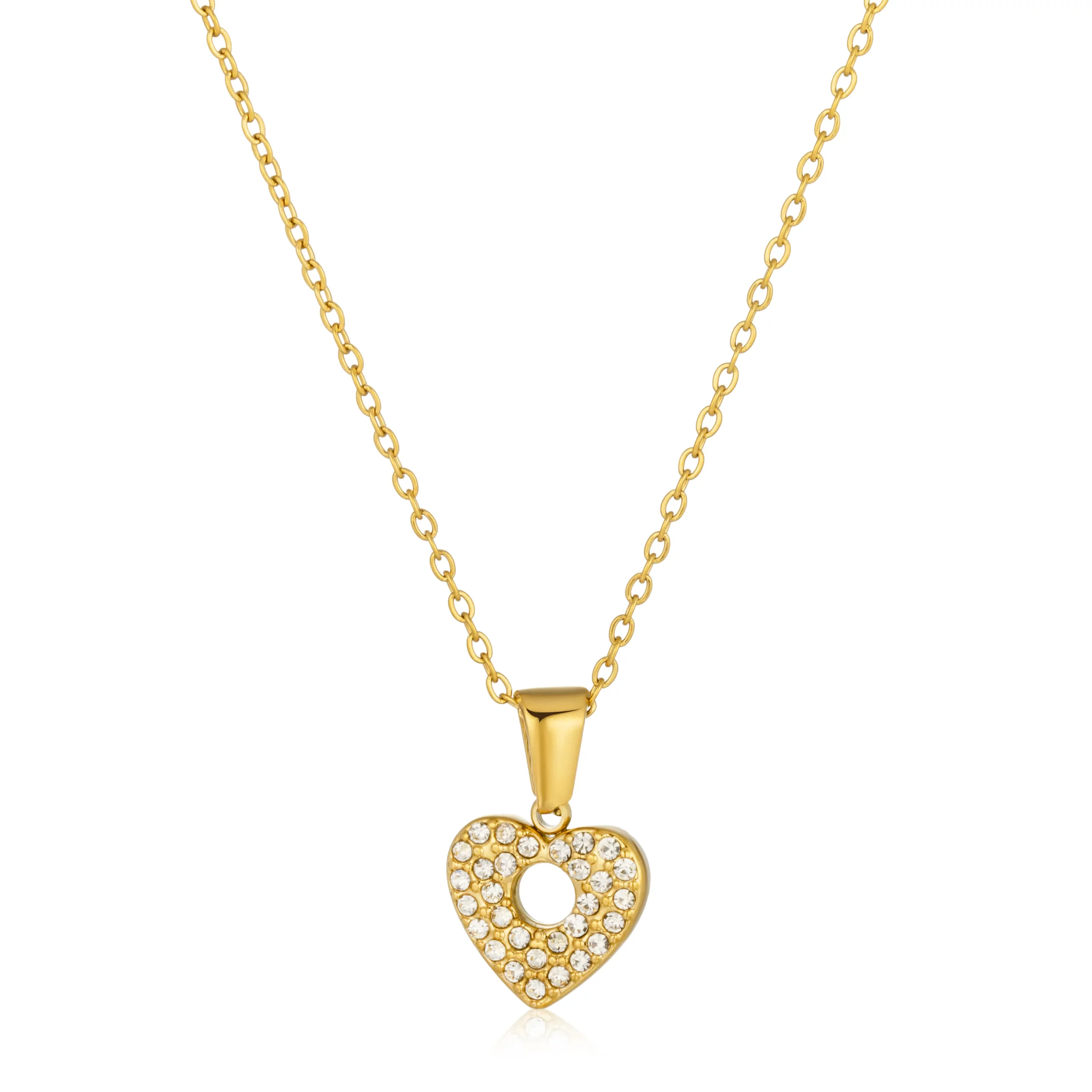 OEM Stainless Steel Gold Heart Pendant Necklace with Pave Setting Rhinestone Jewelry Factory Direct