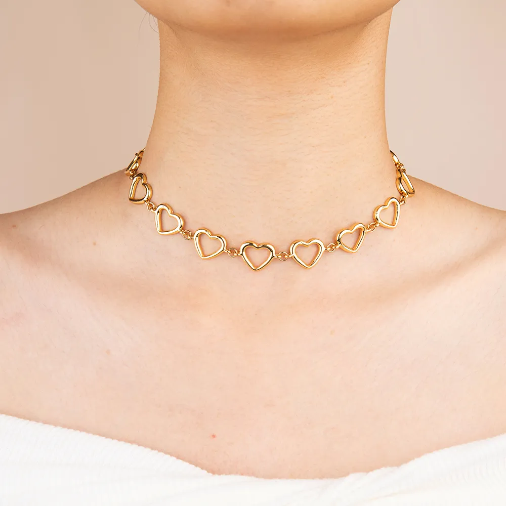 OEM Stainless Steel Gold Open Heart Chain Choker Necklace for Women Manufacturing