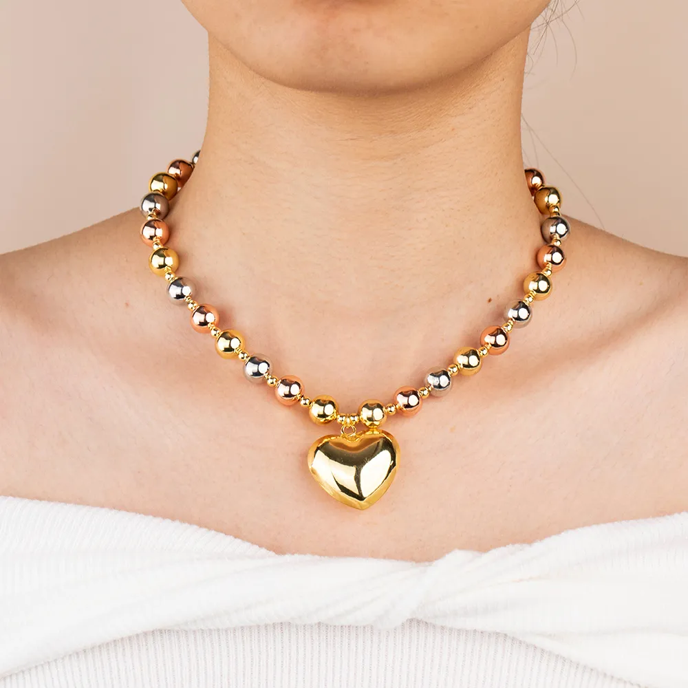 OEM Stainless Steel Rose Gold Silver Gold Bead Chain Puffy Heart Charm Necklace for Women Factory
