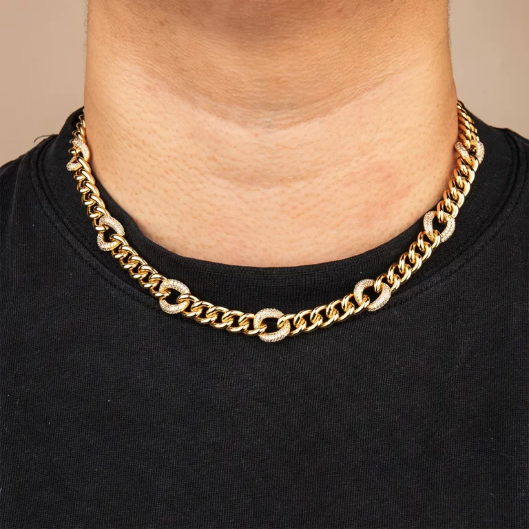 OEM gold stainless steel cuban chain necklace with diamonds for men manufacturing