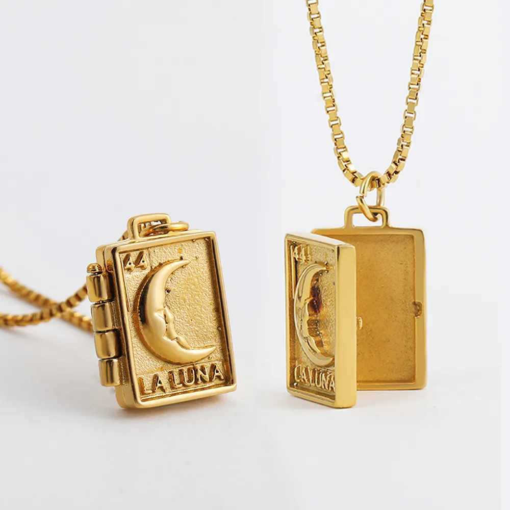 Female 18k gold-plated stainless steel moon book locket necklace for brands