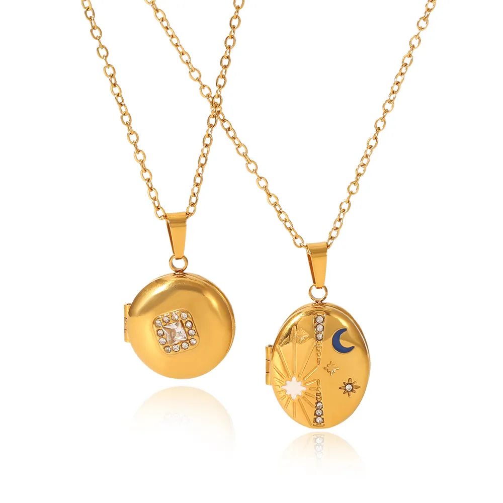 Female stainless steel oval moon & star locket necklace for retailers