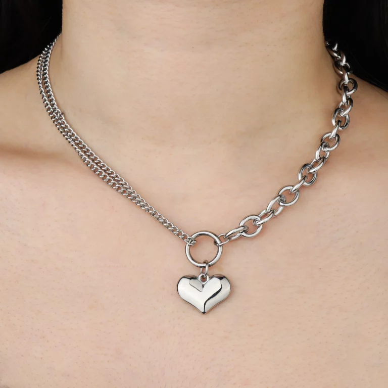 Private Label Stainless Steel Silver Double-layer Spliced Chain Heart Charm Necklace for Women Manufacturing