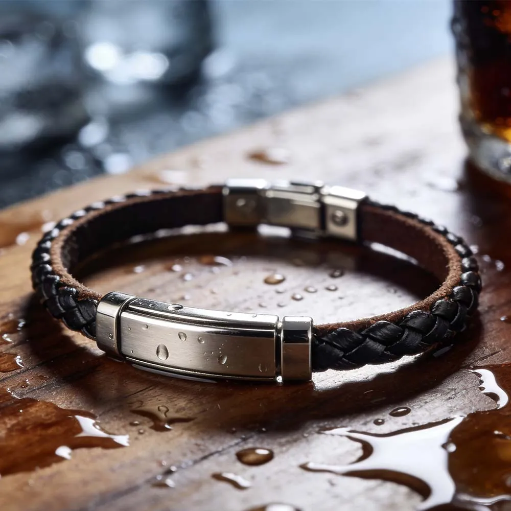 Stainless steel bracelet Titanium steel braided leather bracelet Minimalist leather cord stainless steel bangle