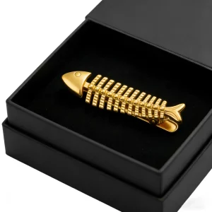 The brass fish tie clip is packaged in a black gift box