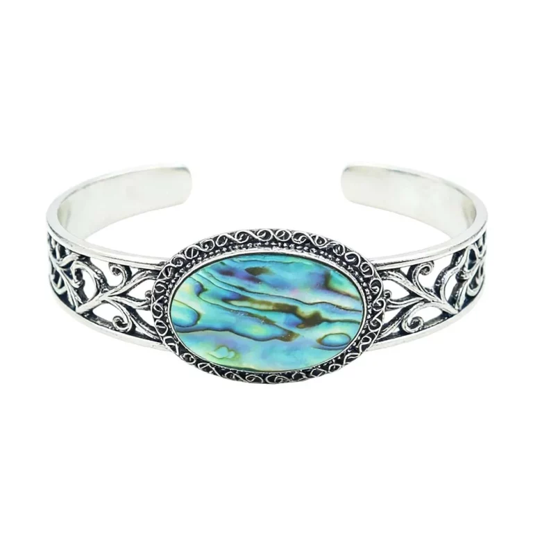 Vintage Distressed Silver Carved Abalone Shell Rigid Cuff Bracelet Custom Jewelry Manufacturer