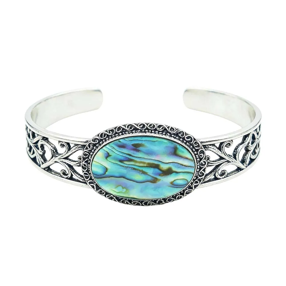 Vintage Distressed Silver Carved Abalone Shell Rigid Cuff Bracelet Custom Jewelry Manufacturer