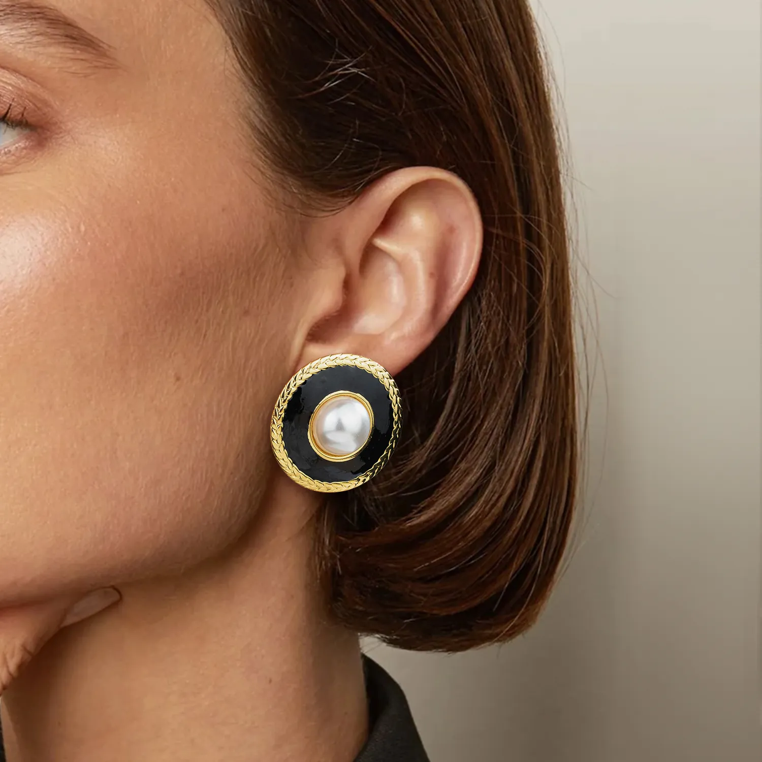 Stainless Steel Black Enamel & Pearl Earrings Customize for Jewelry Brand Direct Source Factory