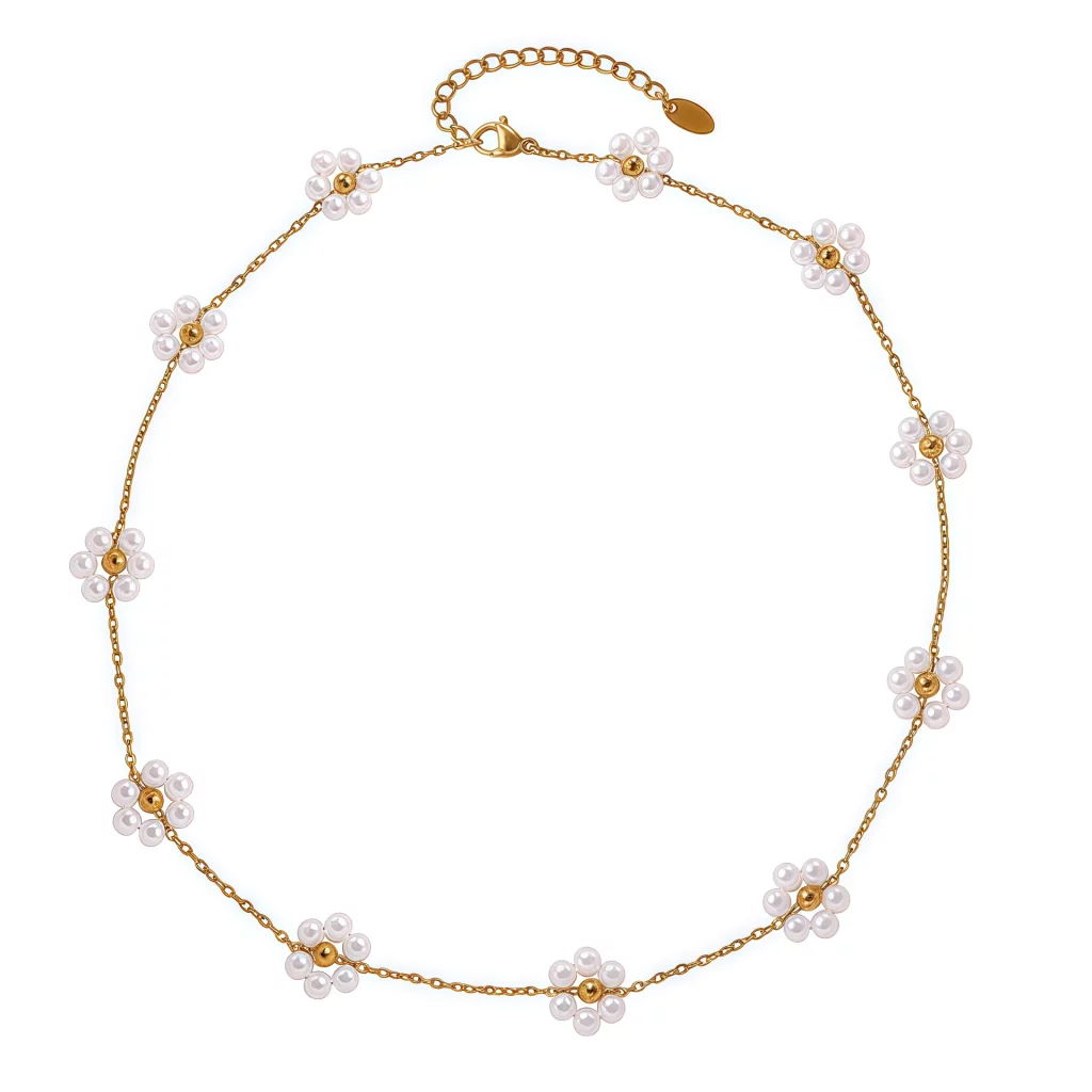 bespoke stainless steel imitation pearl flower necklace from factory