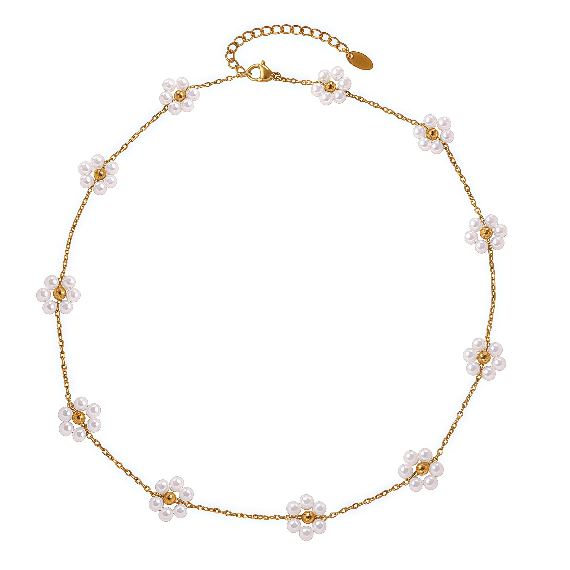 female model wearing stainless steel imitation pearl flower necklace from jewelry manufacturers