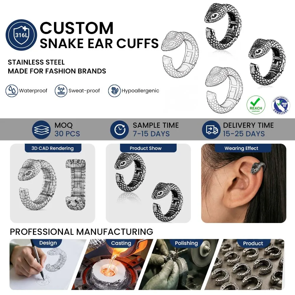 Professional manufacturing of custom 316L stainless steel snake ear cuffs with low MOQ, featuring waterproof, sweat-proof, and hypoallergenic fashion jewelry production