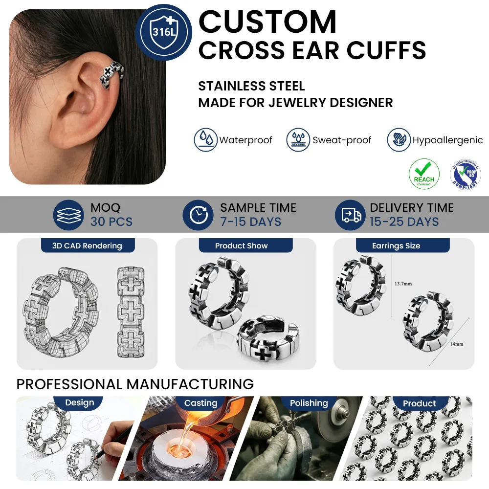Custom 316L stainless steel cross ear cuffs manufacturer poster, no-piercing goth ear jewelry specs, CAD render & production process