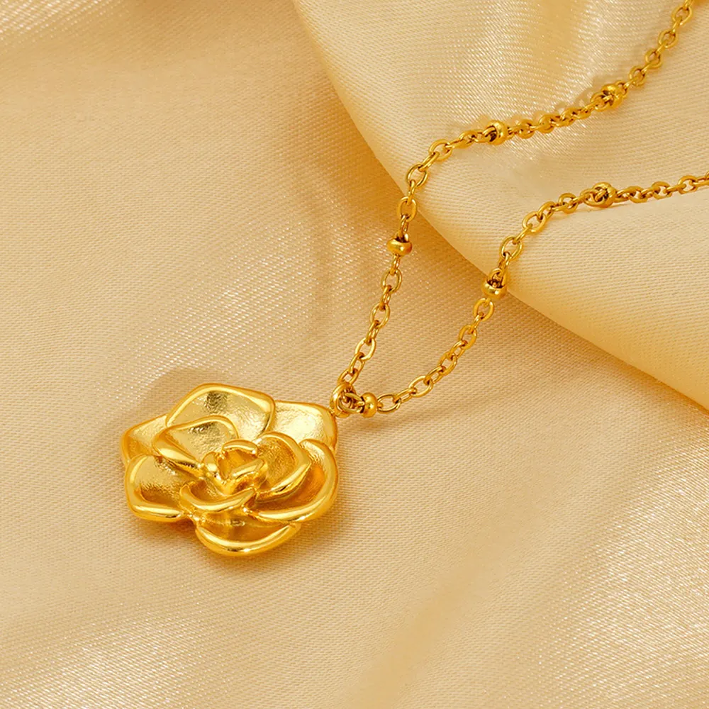Female model wearing stainless steel flower rose necklace from jewelry factory