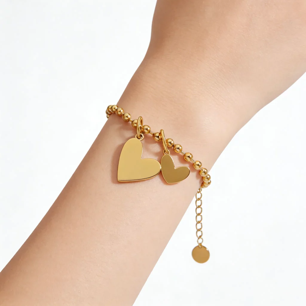 Female model wearing stainless steel bracelet to showcase length and fit for brands