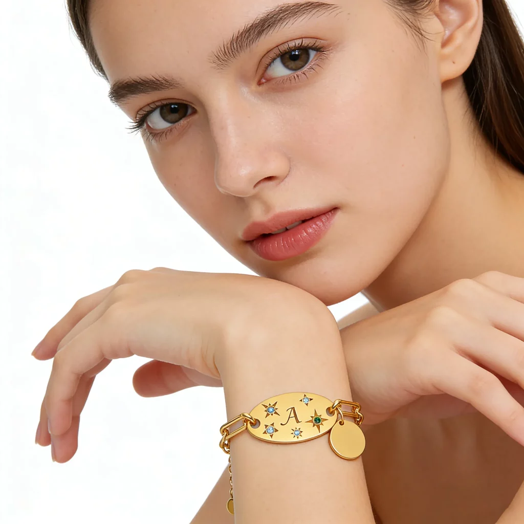 Female model wearing stainless steel charm bracelet to showcase length and fit for brands