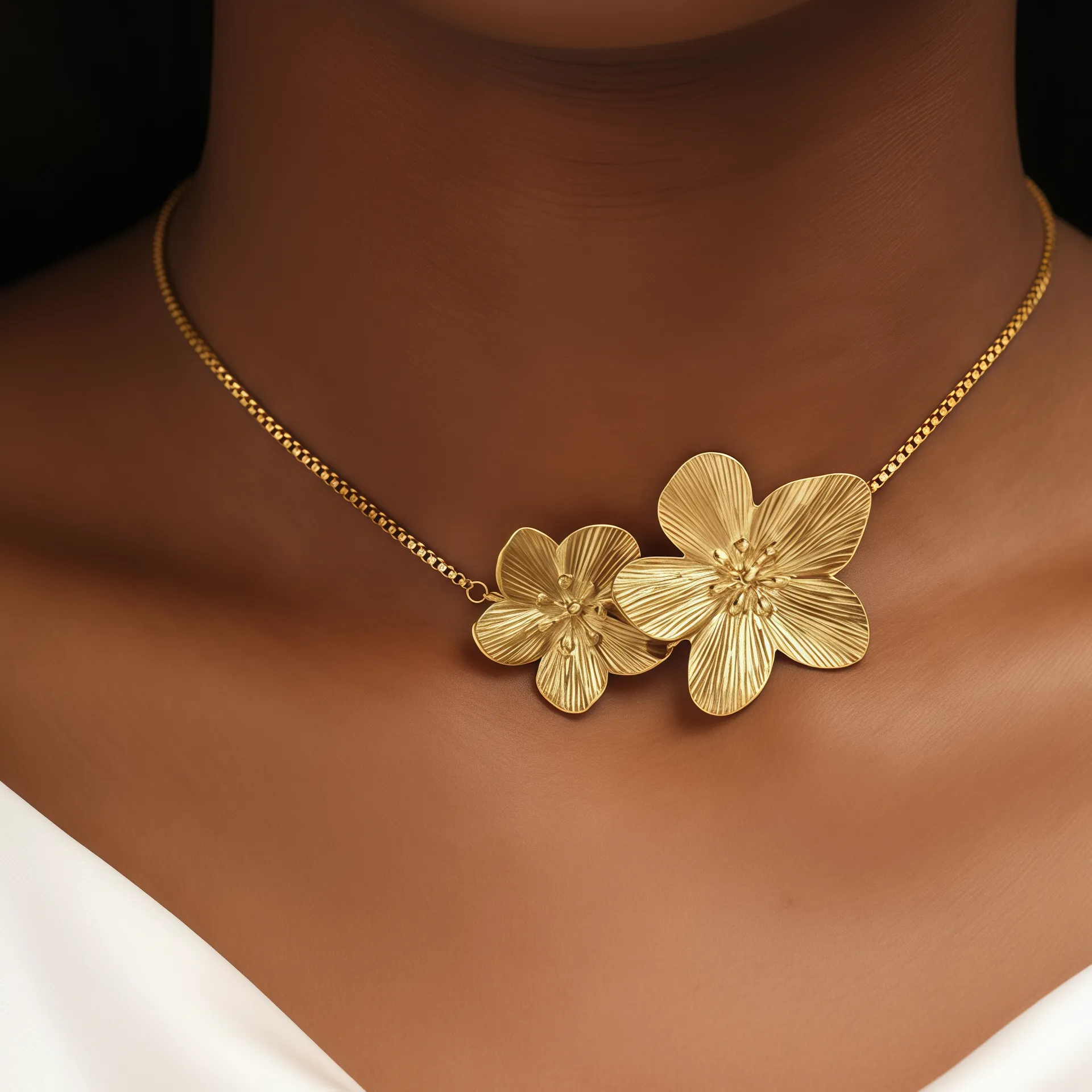 female model wearing stainless steel flower pendant necklace from fashion jewelry vendors