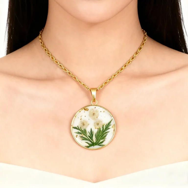 female model wearing stainless steel resin pressed flower necklace from jewelry manufactures