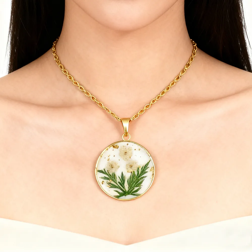 female model wearing stainless steel resin pressed flower necklace from jewelry manufactures