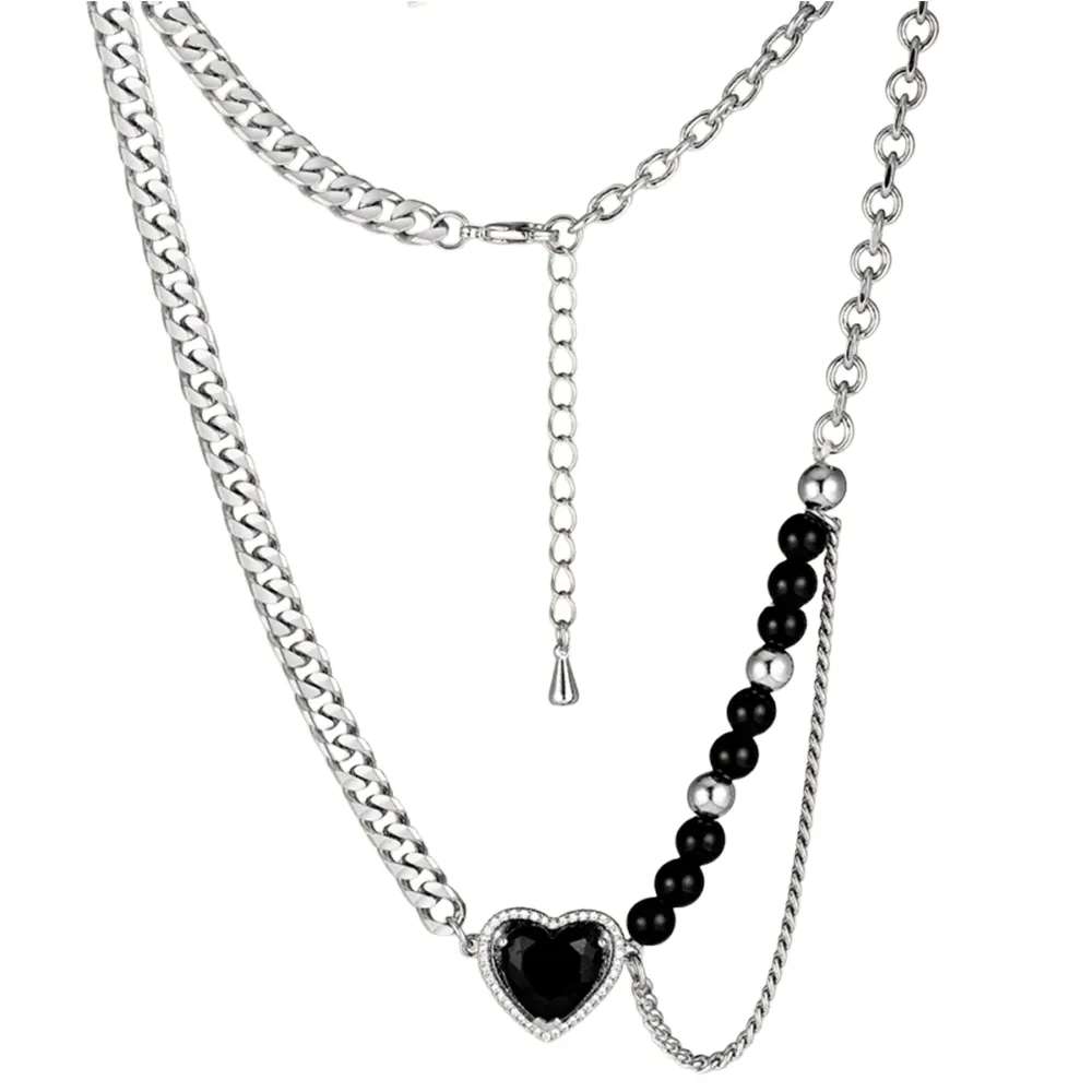 316L Stainless Steel Asymmetrical Chain Cubic Zircon Heart Inside a Black Crystal Heart Pendant Necklace for Direct Factory