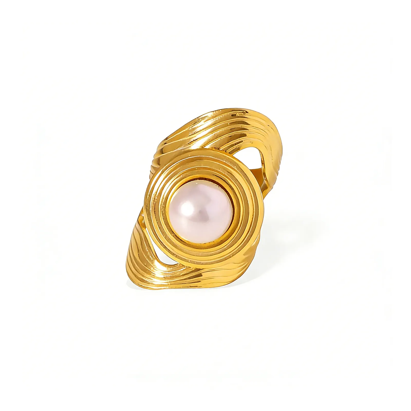 316L Stainless Steel Gold Plated Statement Pearl Ring for private label brand Haosen Custom Jewelry Factory
