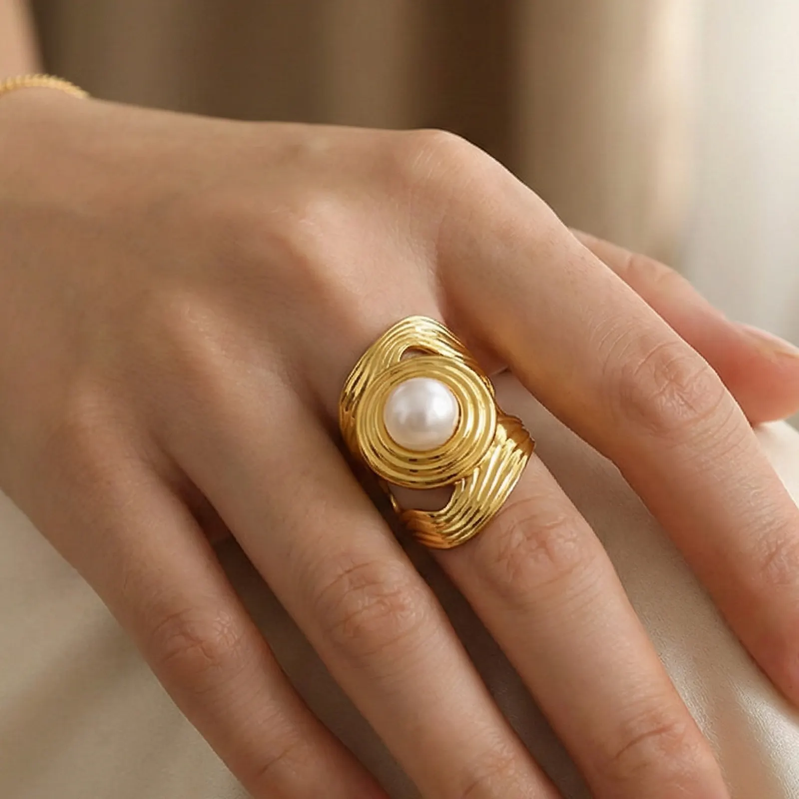 316L Stainless Steel Gold Plated Statement Pearl Ring for private label brand Haosen Custom Jewelry Factory