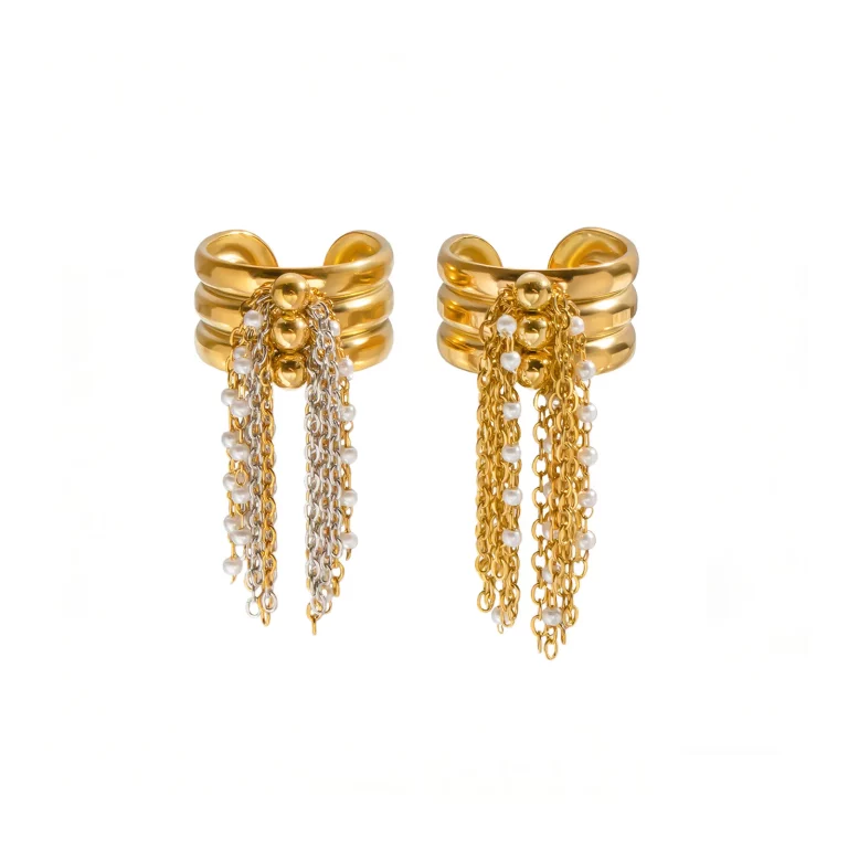 316L Stainless Steel Gold Plated Pearl Tassel Chain ring by Haosen. Perfect for private label brands and customizable jewelry collections.