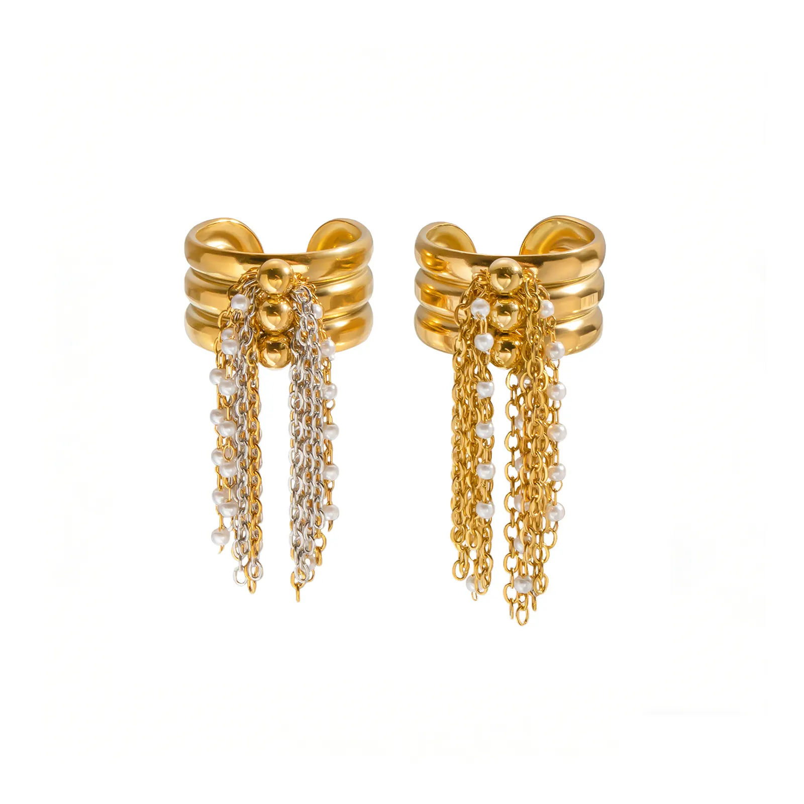 316L Stainless Steel Gold Plated Pearl Tassel Chain ring by Haosen. Perfect for private label brands and customizable jewelry collections.