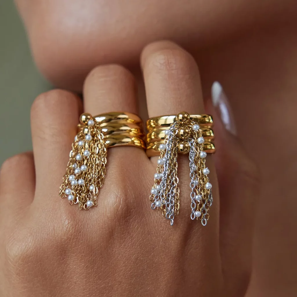 316L Stainless Steel Gold Plated Tassel Pearl Chain Ring for Women Custom Jewelry Manufacturer