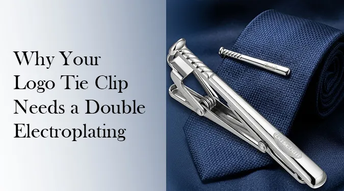 High-quality brass tie clip with custom laser-engraved logo via double electroplating process, frosted logo with mirror silver finish for strong visual contrast