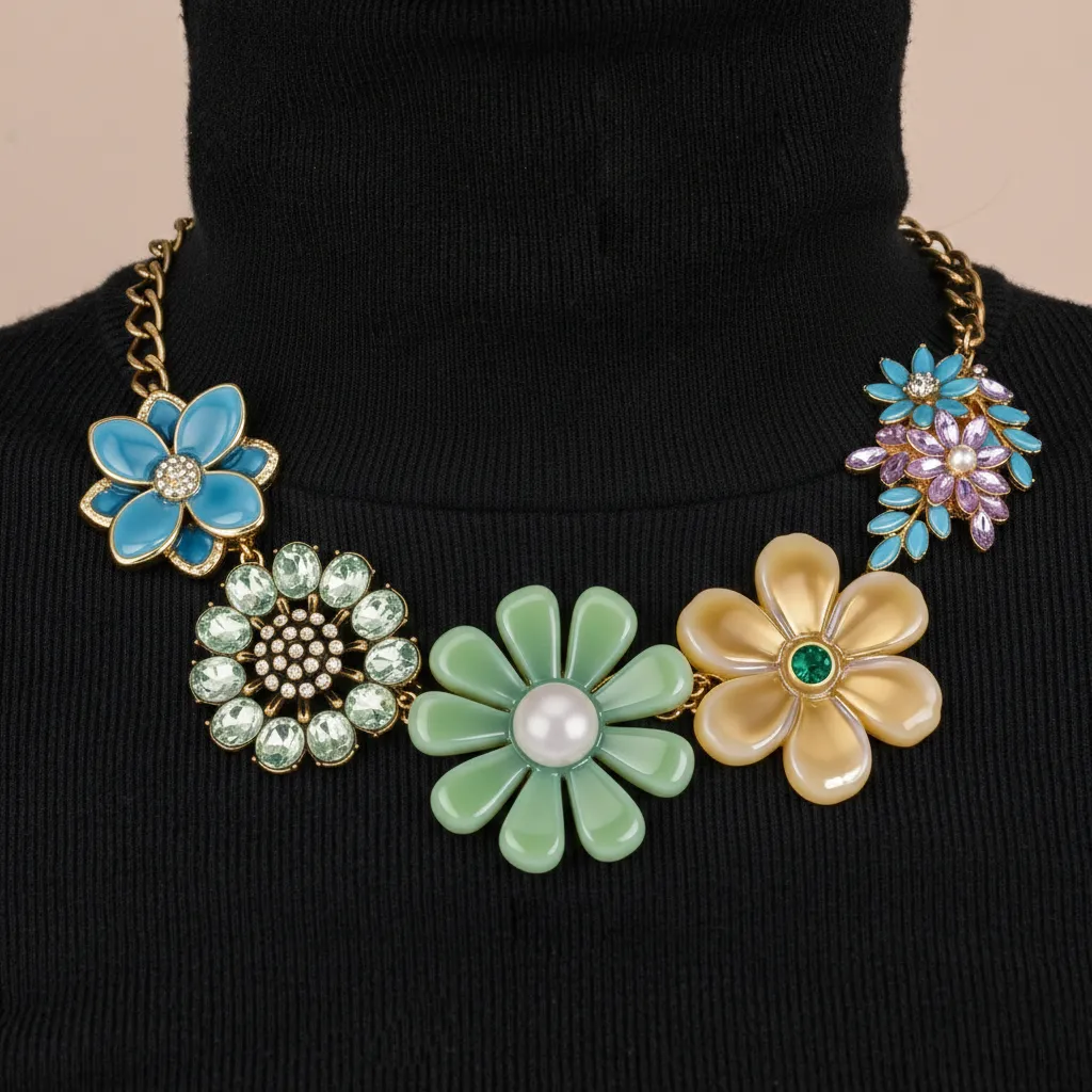 Female model wearing a zinc alloy and resin flower necklace, a black turtleneck