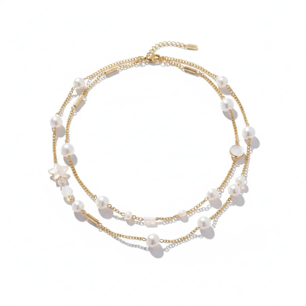 Gold Plated Stainless Steel Double-Layered Pearl Necklace Direct Factory